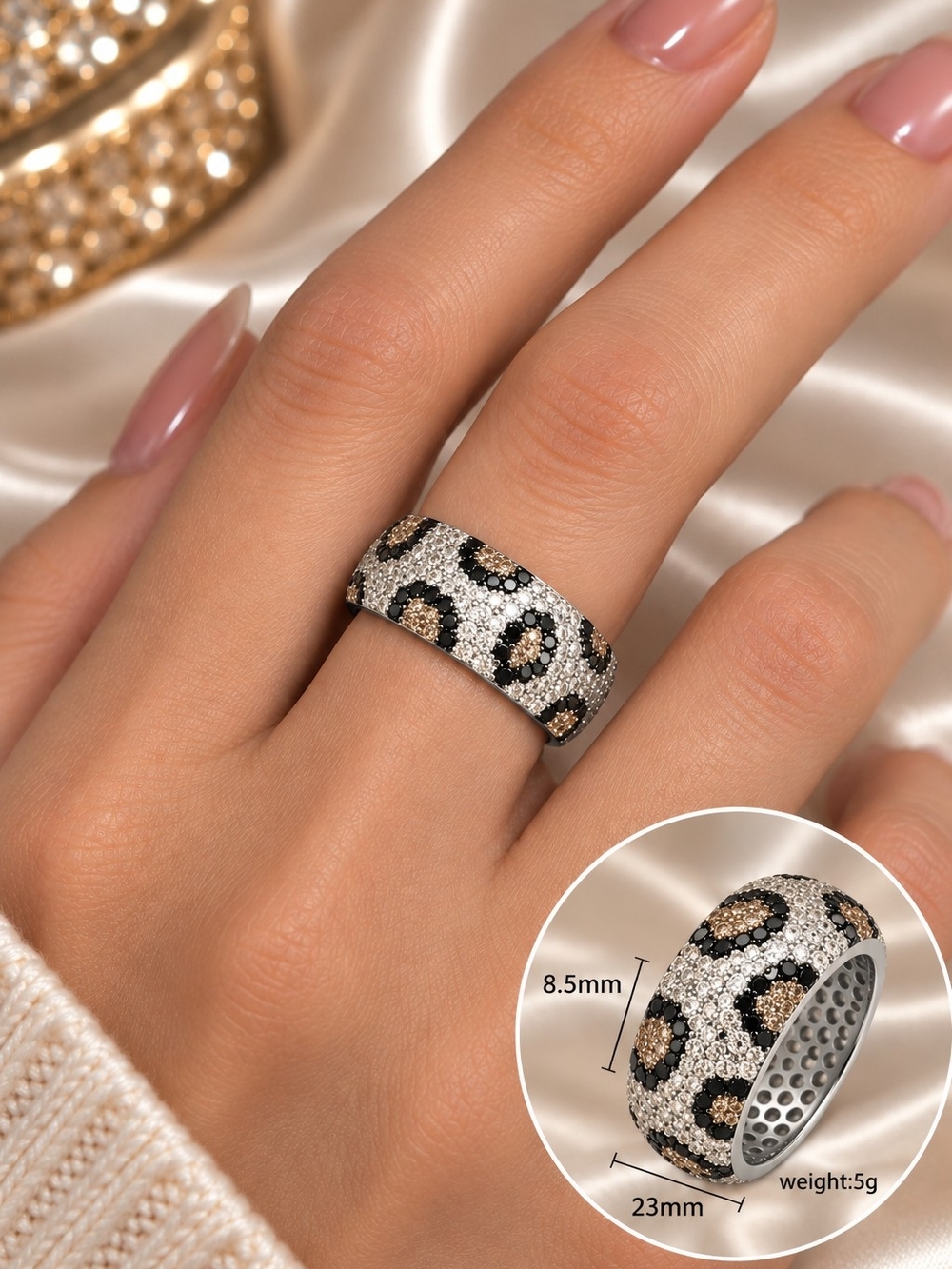 Leopard Pavé Crystal Band Ring - Gold & Black, Silver